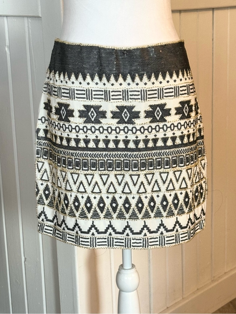 DAVI & DANI Beaded Sequin Mini Skirt Large Black Ivory Tribal Boho Southwestern
